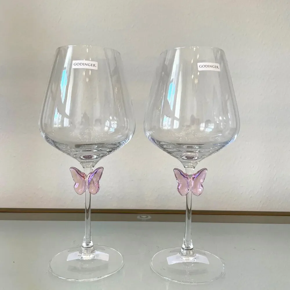 NEW Godinger Pink Butterfly Wine Glass Set of 2 Chic Barware